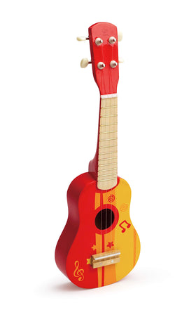 Hape Kid's wooden ukulele red, front view, playable and tunable for beginners