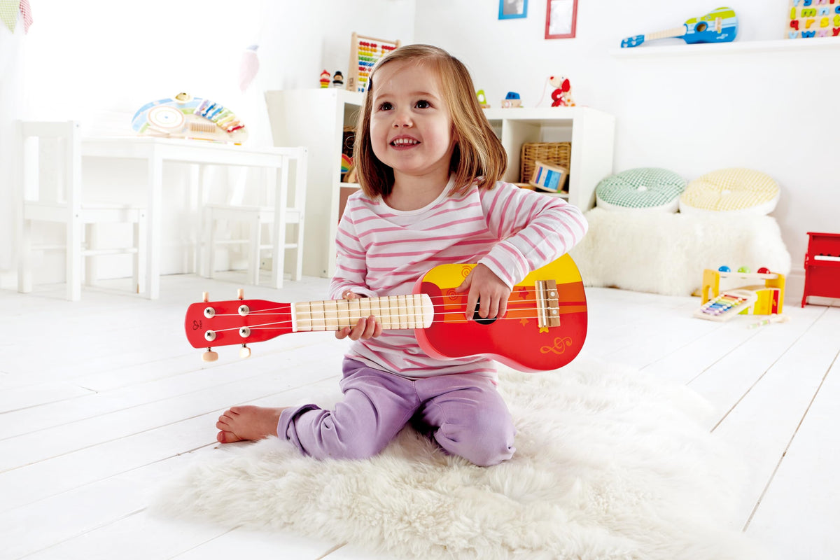 Hape ukulele red, packaging and safe, child-friendly design