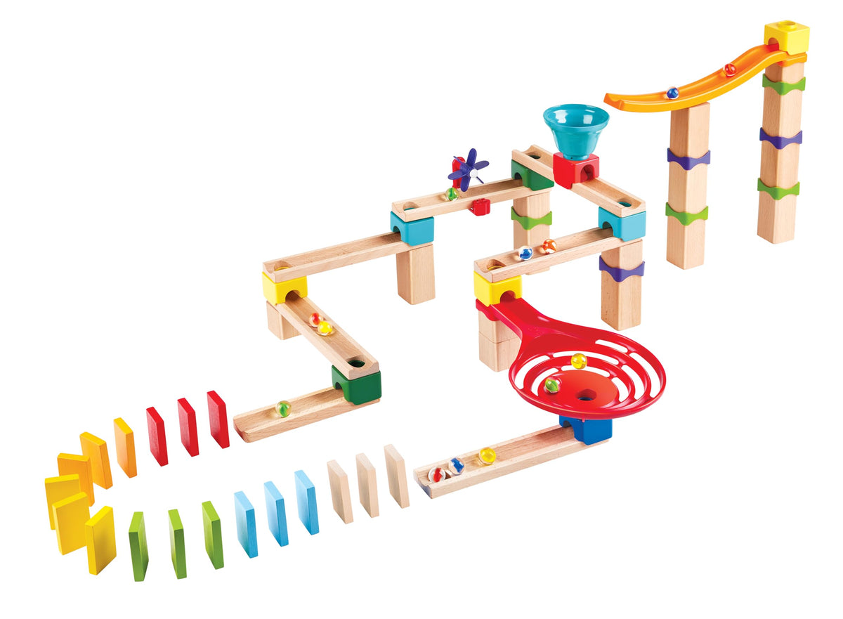 Hape Marble Run Race Track compatibility extensions allow building longer, interconnected runs.