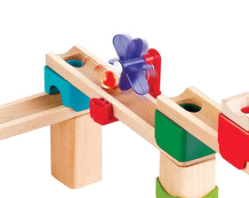 Hape Marble Run Race Track spiral funnel adds suspense and visual tracking during play.
