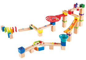 Hape Marble Run Race Track trick features for engaging problem solving and fine motor skills.