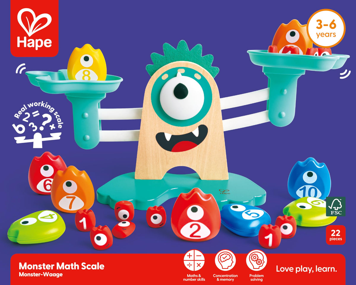 Hape Math Monster Scale packaging dimensions aid shopping planning