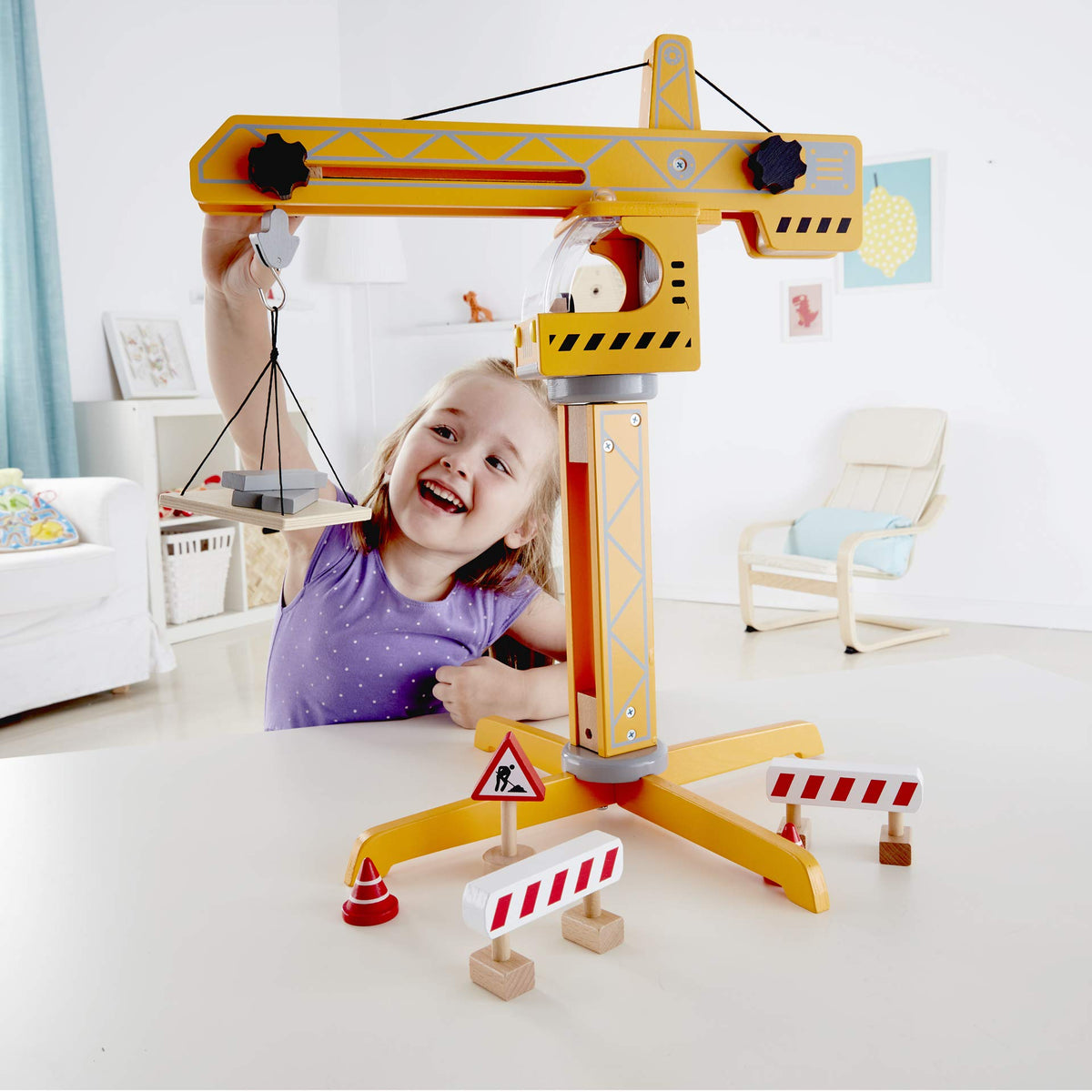 Hape Playscapes Crane Lift Playset close-up wood texture and natural finishes