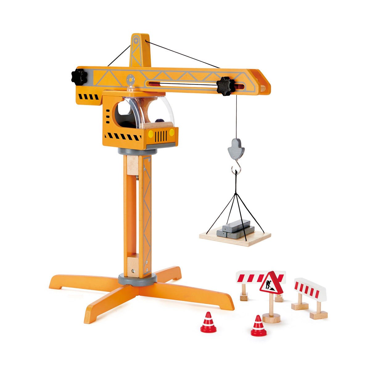 Hape Playscapes Crane Lift Playset front view showing wooden construction and imaginative play potential