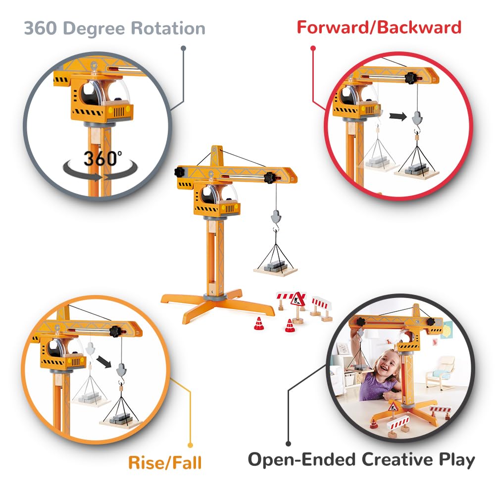 Hape Playscapes Crane Lift Playset side view highlighting sturdy wood build for durability