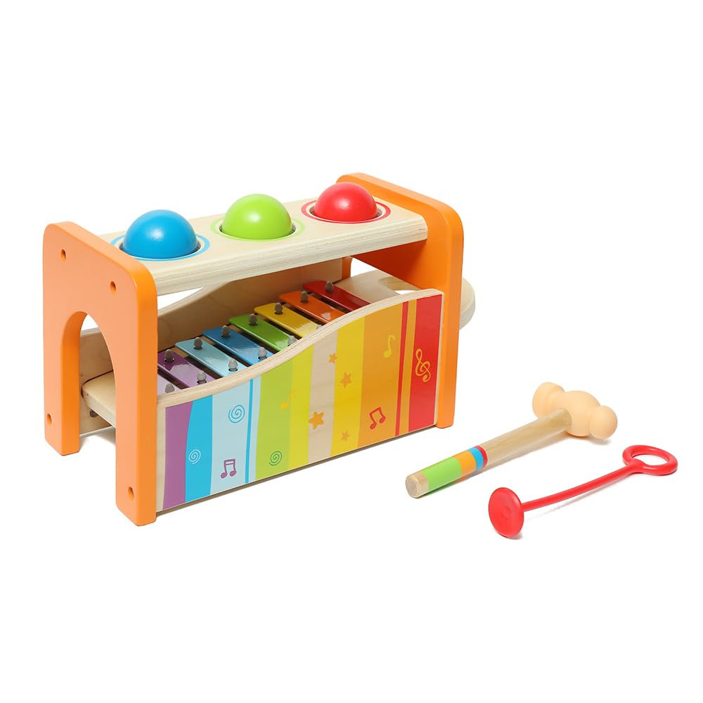 Hape Pound and Tap Bench front view shows durable wooden construction for toddlers.