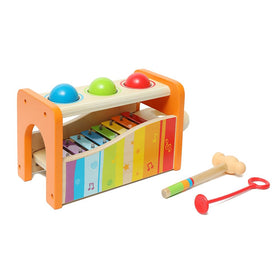 Hape Pound and Tap Bench front view shows durable wooden construction for toddlers.