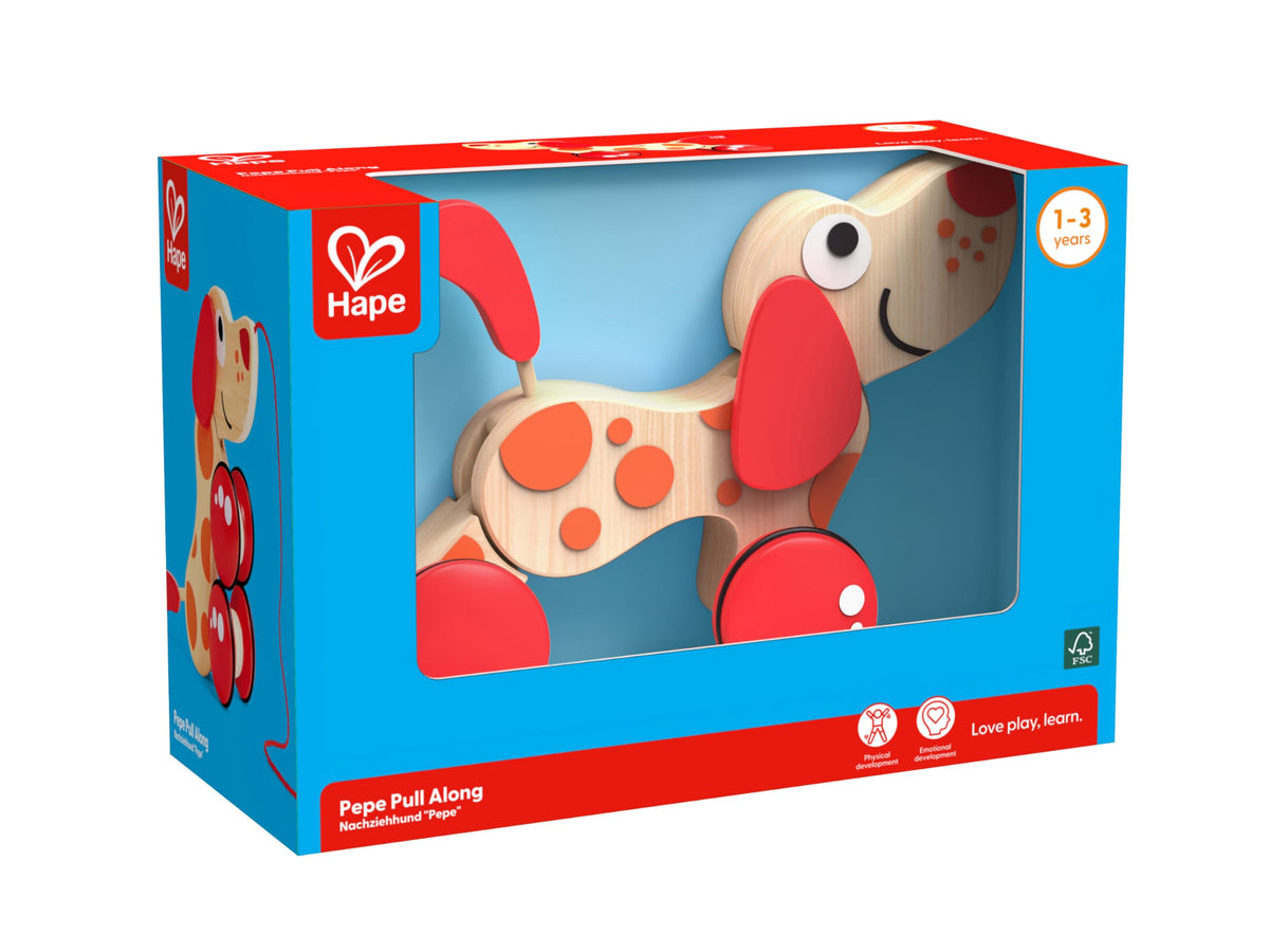 Hape Walk-A-Long Puppy with sit and stand play positions for exploration.