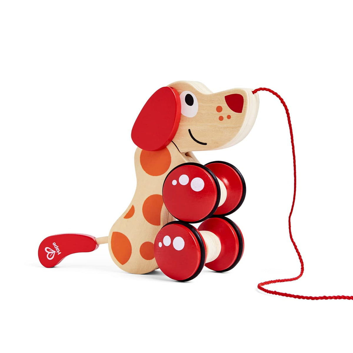 Hape Walk-A-Long Puppy wooden pull toy with wheels promotes smooth indoor movement.