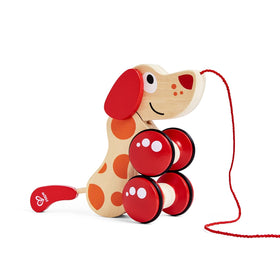 Hape Walk-A-Long Puppy wooden pull toy with wheels promotes smooth indoor movement.