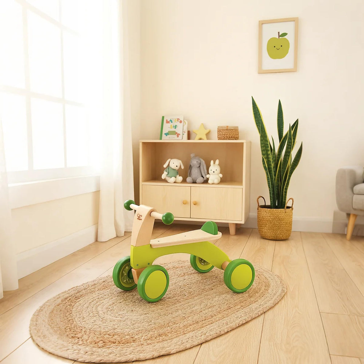 Bright green paint on Hape Scoot Around enhances appeal and safety