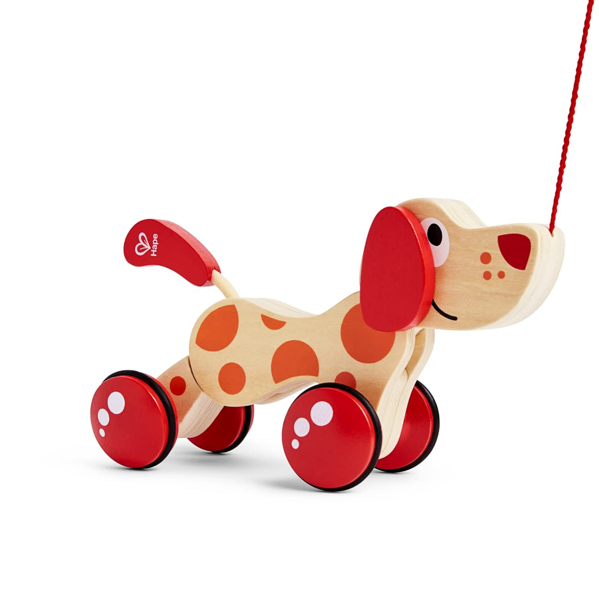Hape Walk-A-Long Puppy pull toy ready for first steps and imaginative walks.