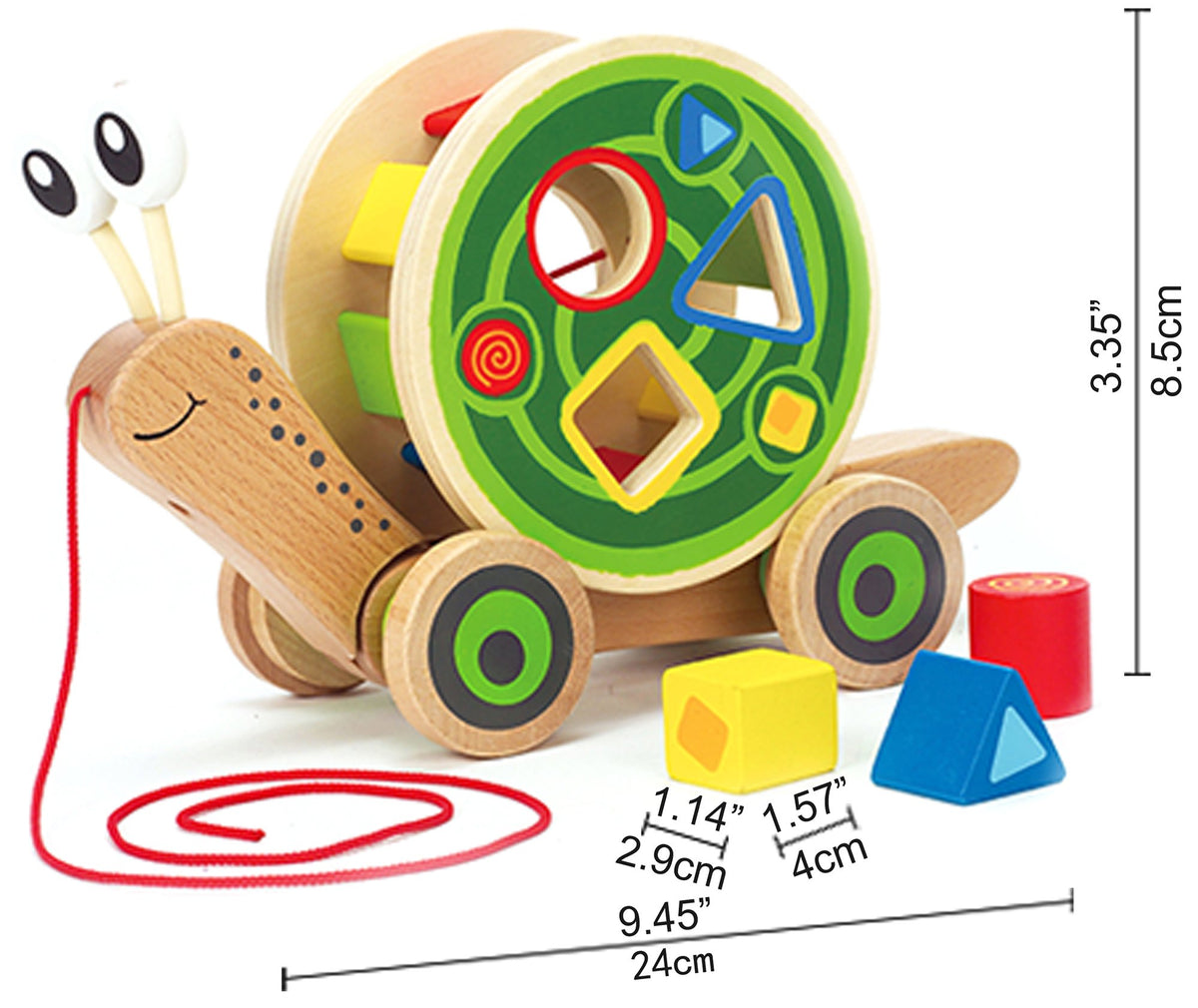 Hape Walk-A-Long Snail elastic opening makes refilling blocks easy.