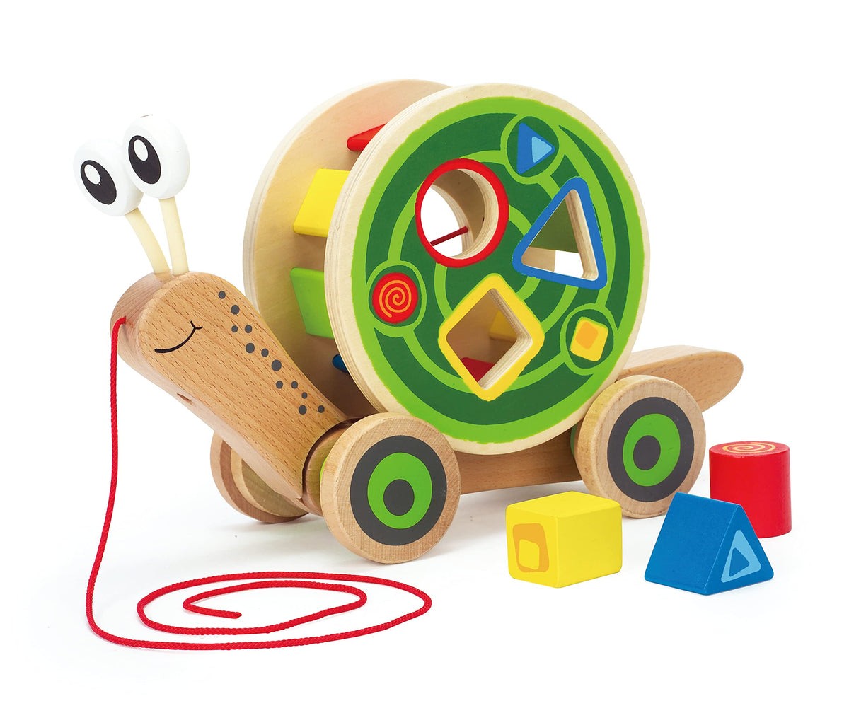 Hape Walk-A-Long Snail shell-blocks promote color and shape recognition.