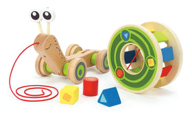 Hape Walk-A-Long Snail shape holes invite sorting triangles, circles, squares.