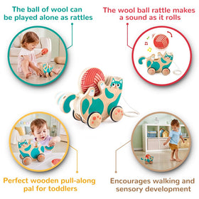 Hape kitten pull toy showing rubber wheels protecting floors during rolling play.