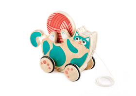 Hape walk-along kitten pull toy with rolling rattle for toddler exploration.