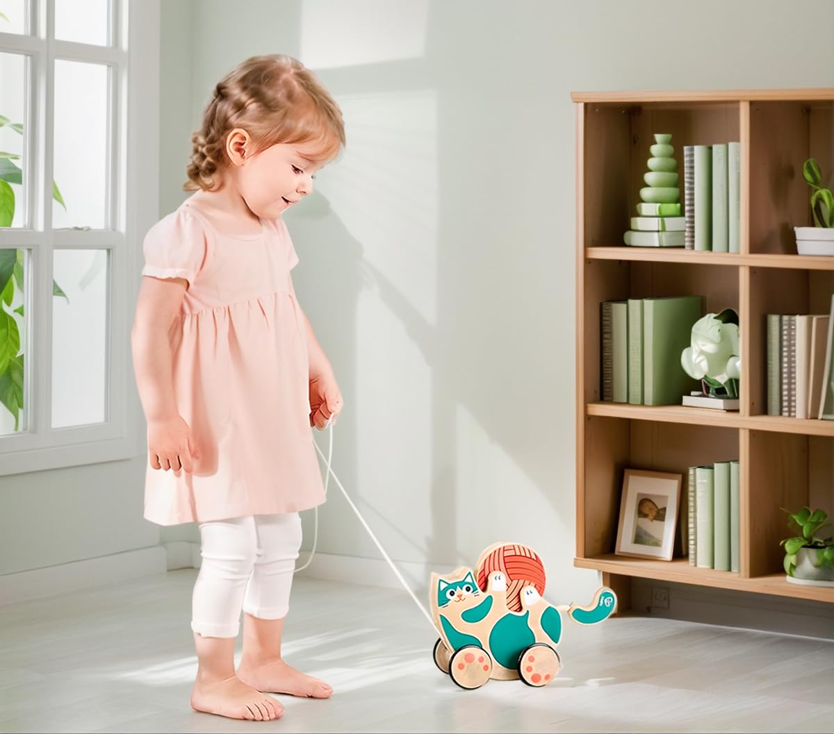 Hape wooden pull-along with rubber wheels for smooth floor protection during use.