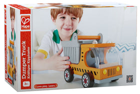 Hape wooden dump truck dumper action ideal for unloading pretend materials.
