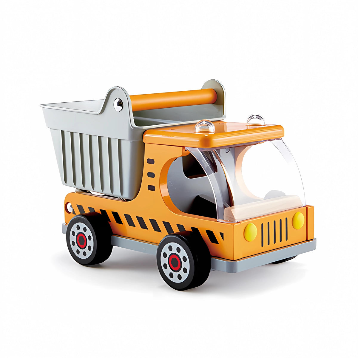 Hape wooden dump truck front view for realistic play and durable wood construction.