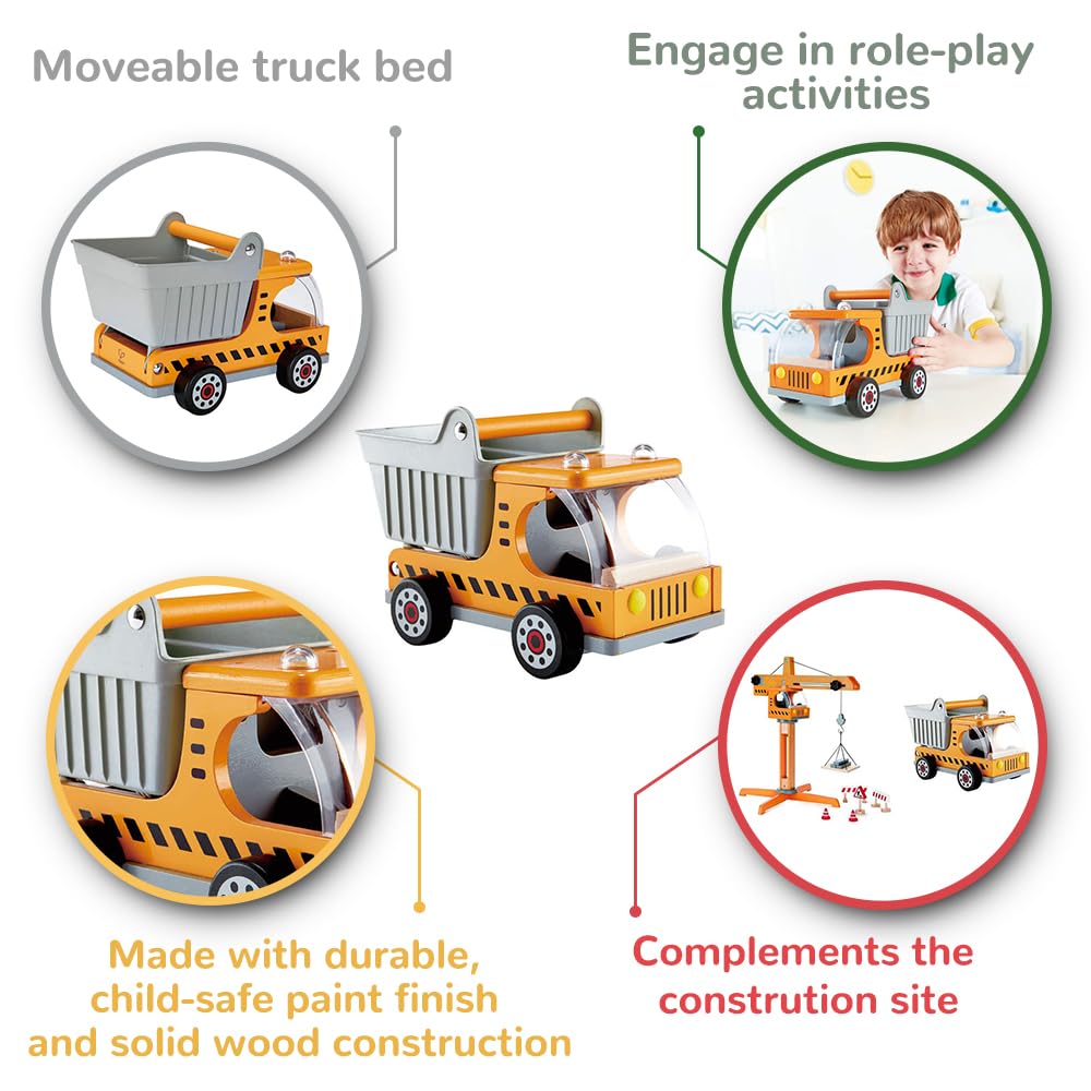 Hape wooden dump truck playroom scene shows versatile learning through role play.
