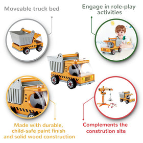 Hape wooden dump truck playroom scene shows versatile learning through role play.