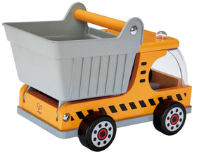 Hape wooden dump truck side view highlighting smooth rolling wheels for quiet indoor play.