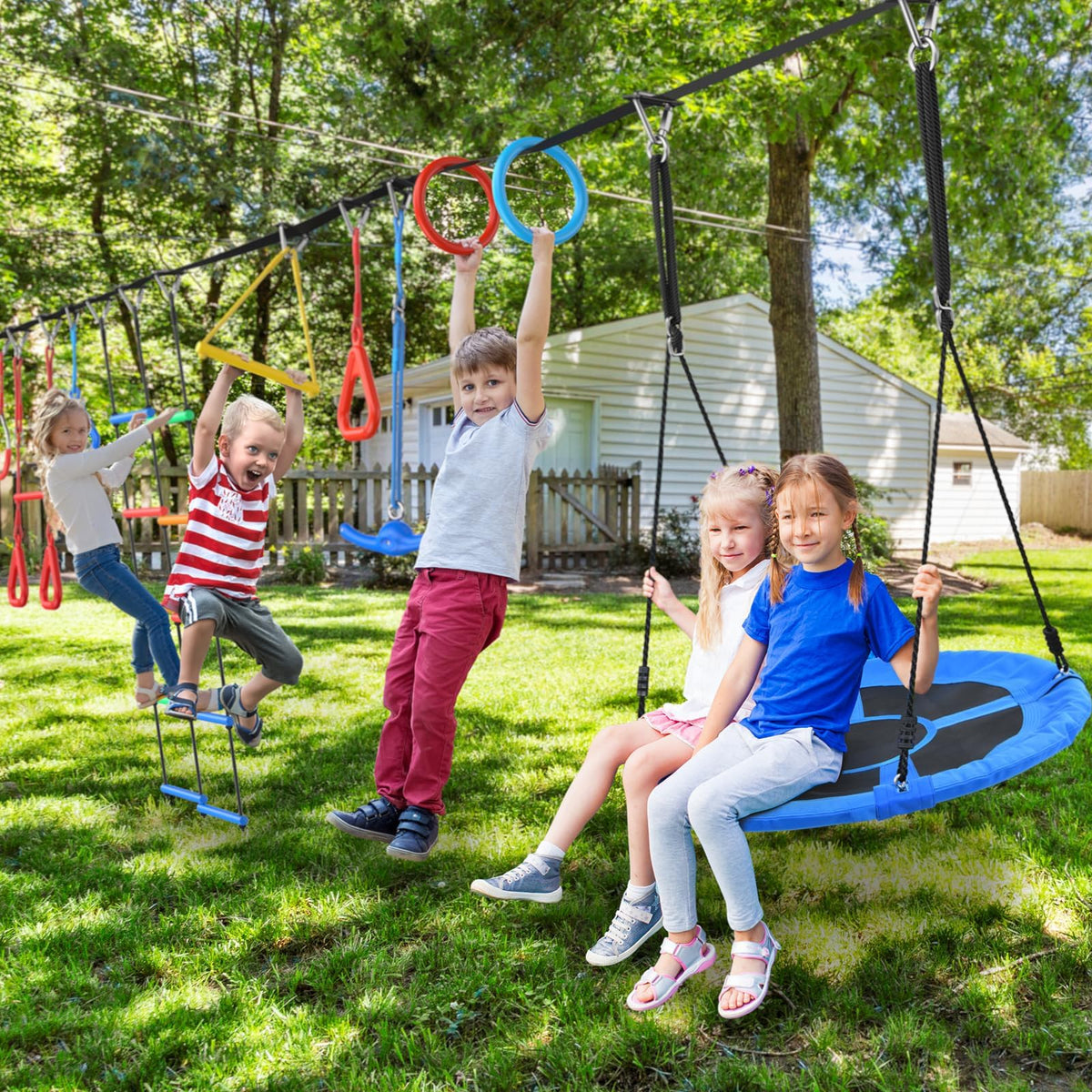 Hapfan 65ft ninja obstacle course in backyard for active outdoor play