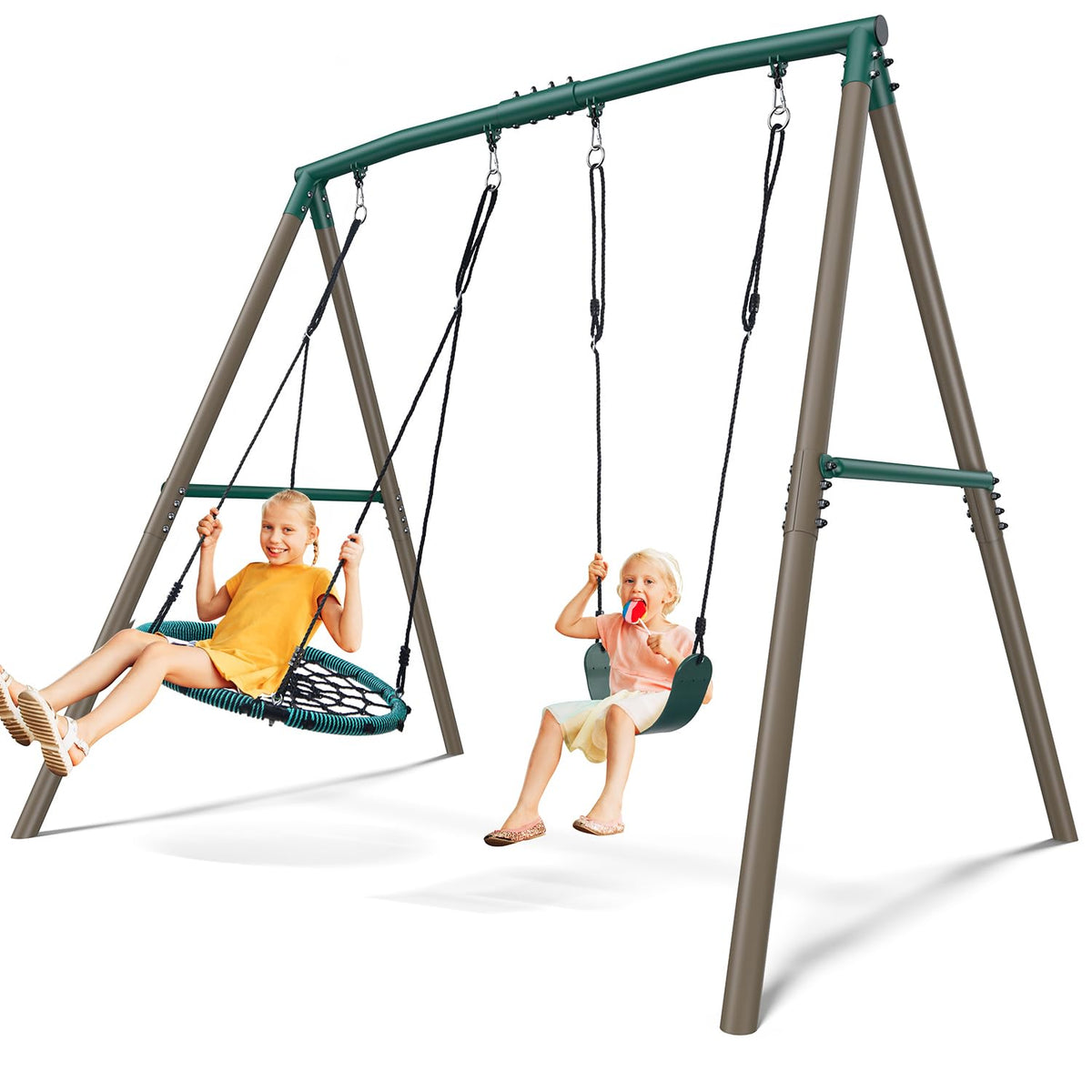 Hapfan 7.5ft tall swing set front view for backyard fun