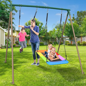 Hapfan kids enjoying back-yard play on a safe, engaging swing set.