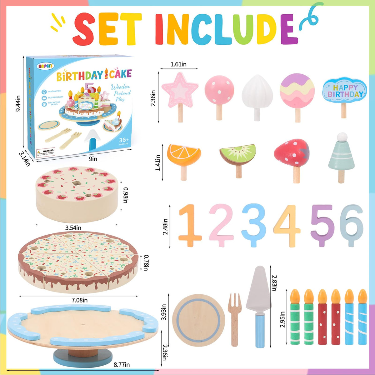 HAPGFS wooden birthday cake toy set slices for realistic cake division