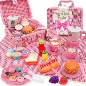HAPGFS pink picnic basket tea set for indoor and outdoor pretend play