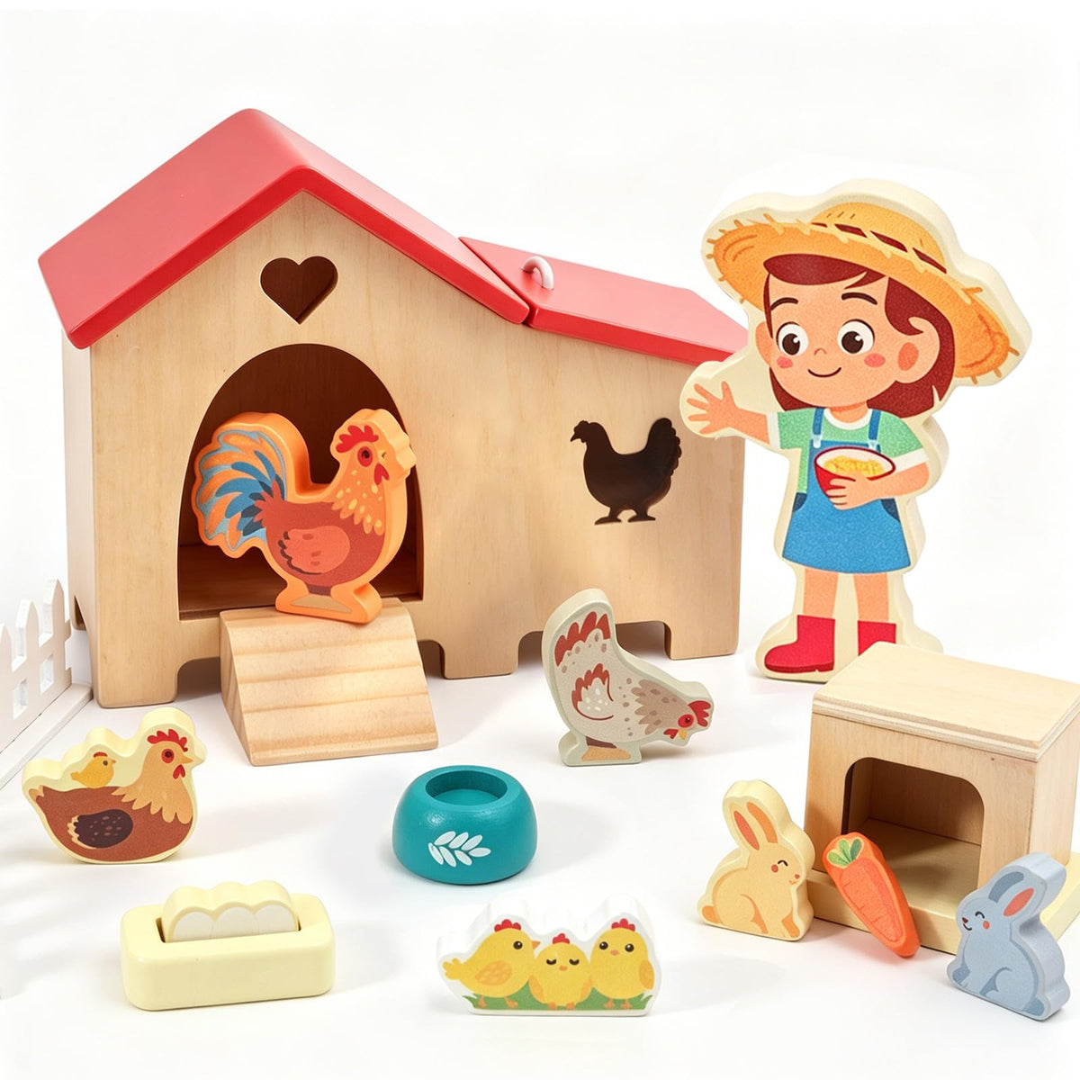 HAPGFS wooden dollhouse animal set with chicken coop for imaginative play