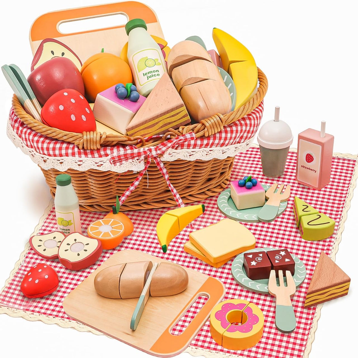 HAPGFS wooden picnic basket with realistic play food for imaginative tea parties