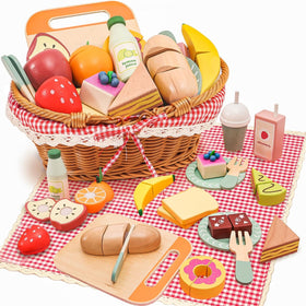 HAPGFS wooden picnic basket with realistic play food for imaginative tea parties