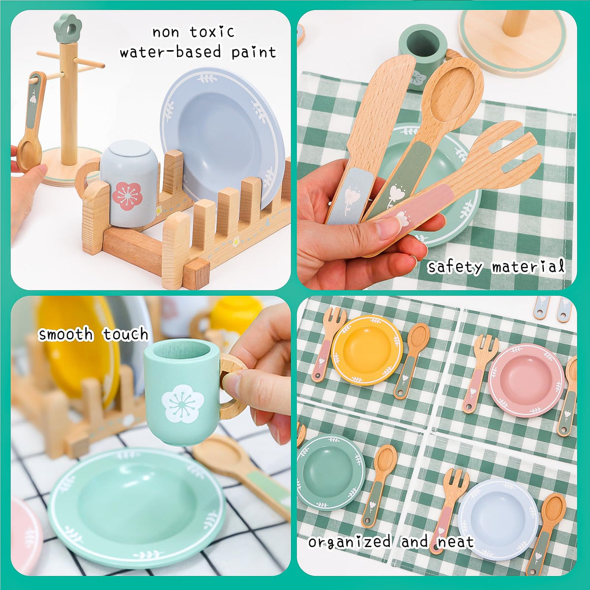 HAPGFS wooden play dishes set featuring vibrant plates and cups for pretend meals