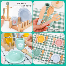 HAPGFS wooden play dishes set featuring vibrant plates and cups for pretend meals