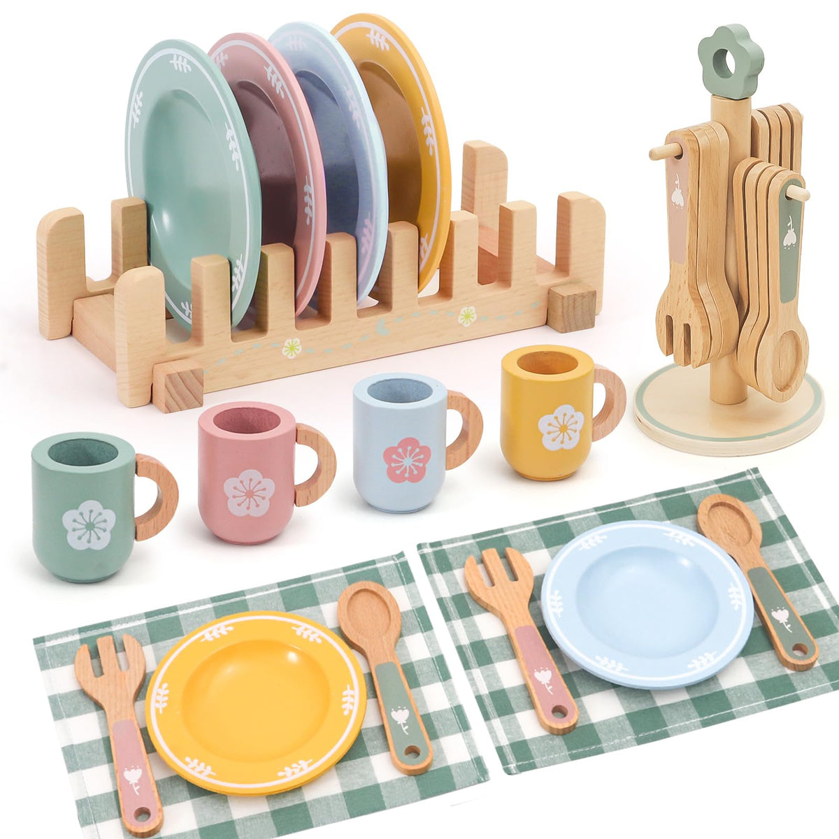 HAPGFS wooden play kitchen dish rack shown in a tidy, imaginative dining setup