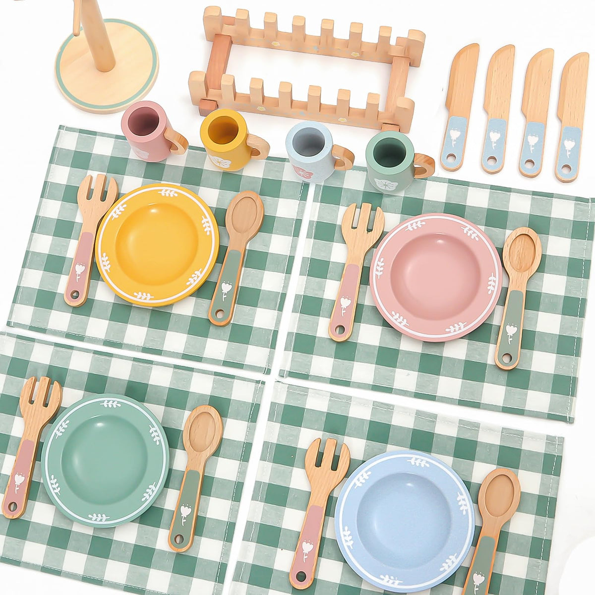 HAPGFS wooden play kitchen utensil holder with colorful tools within easy reach