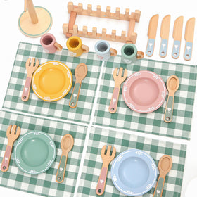 HAPGFS wooden play kitchen utensil holder with colorful tools within easy reach