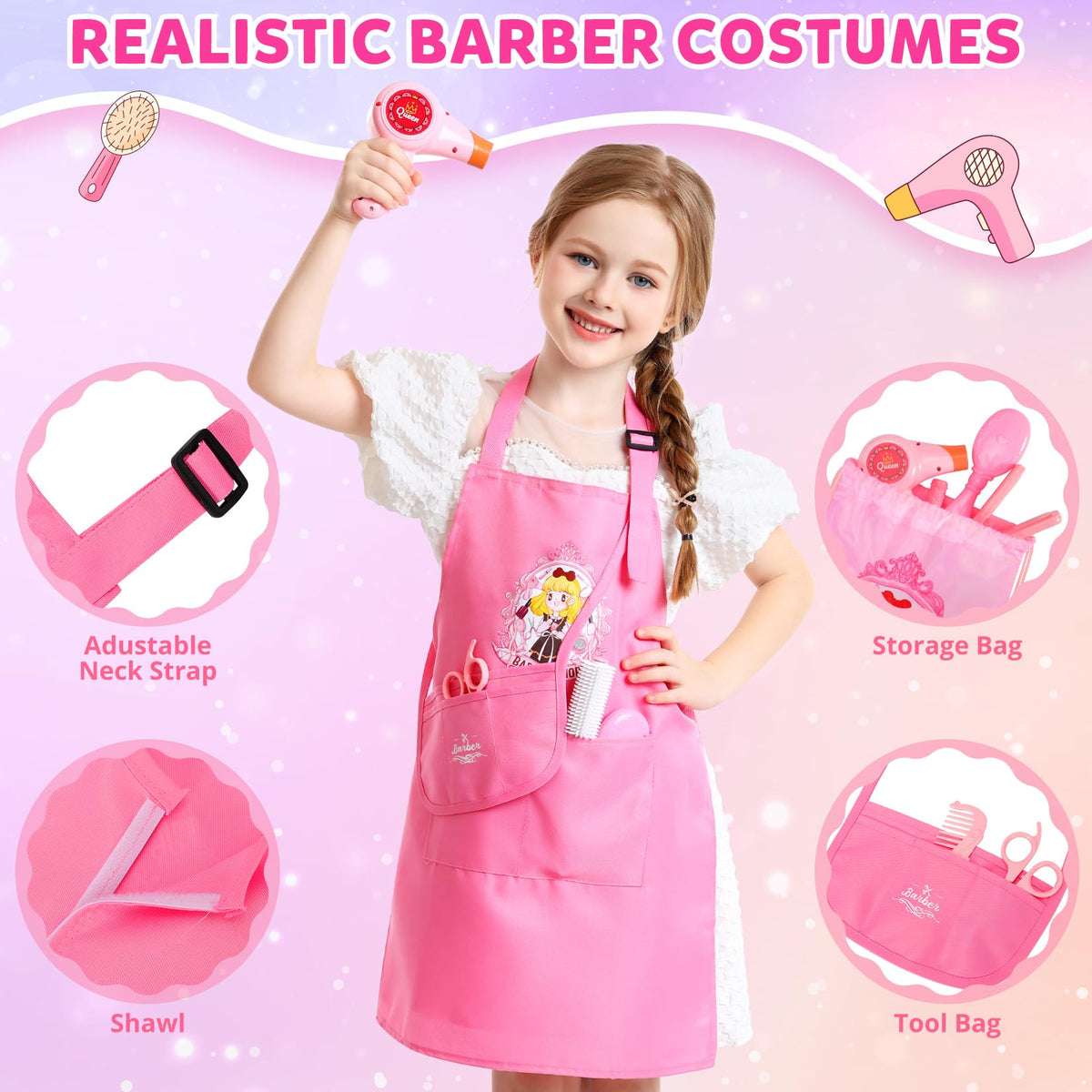 Hapgo stylist apron and shawl for authentic salon vibes during play
