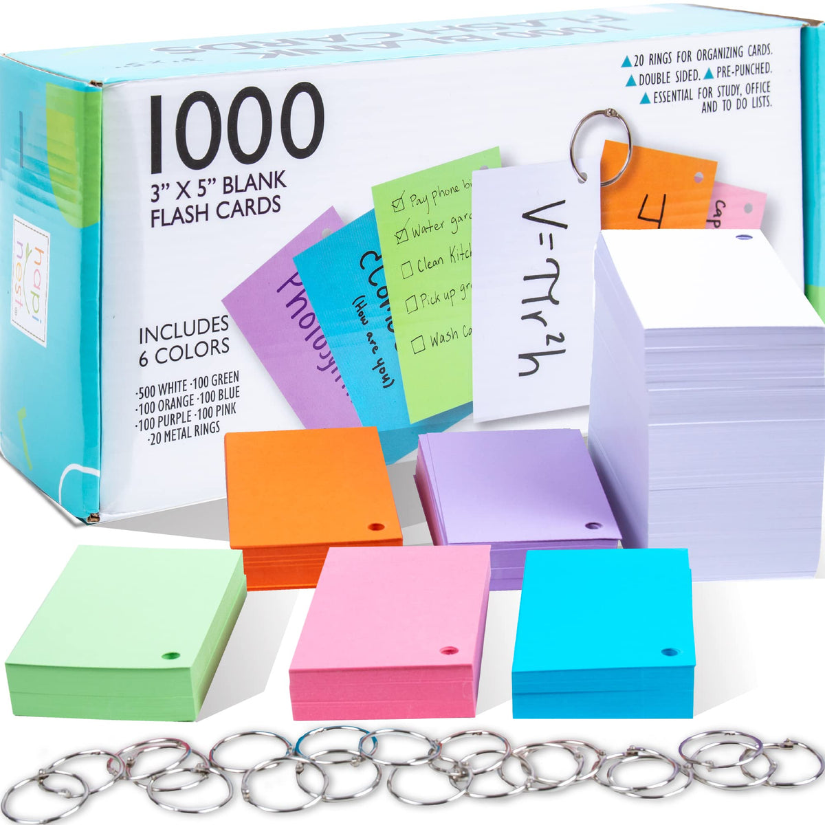 Hapinest 1000 blank flash cards with rings for organized study and quick review.