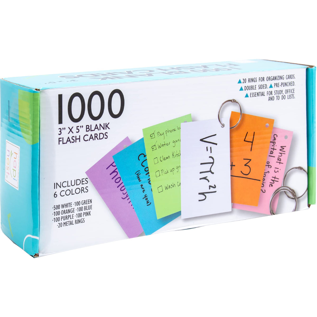 Hapinest 3x5 index cards with ring for portable note taking and easy organization.