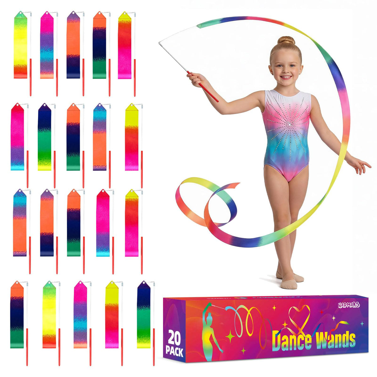 HAPMARS 20-pack ribbon dance wands with bright rainbow streamers in motion