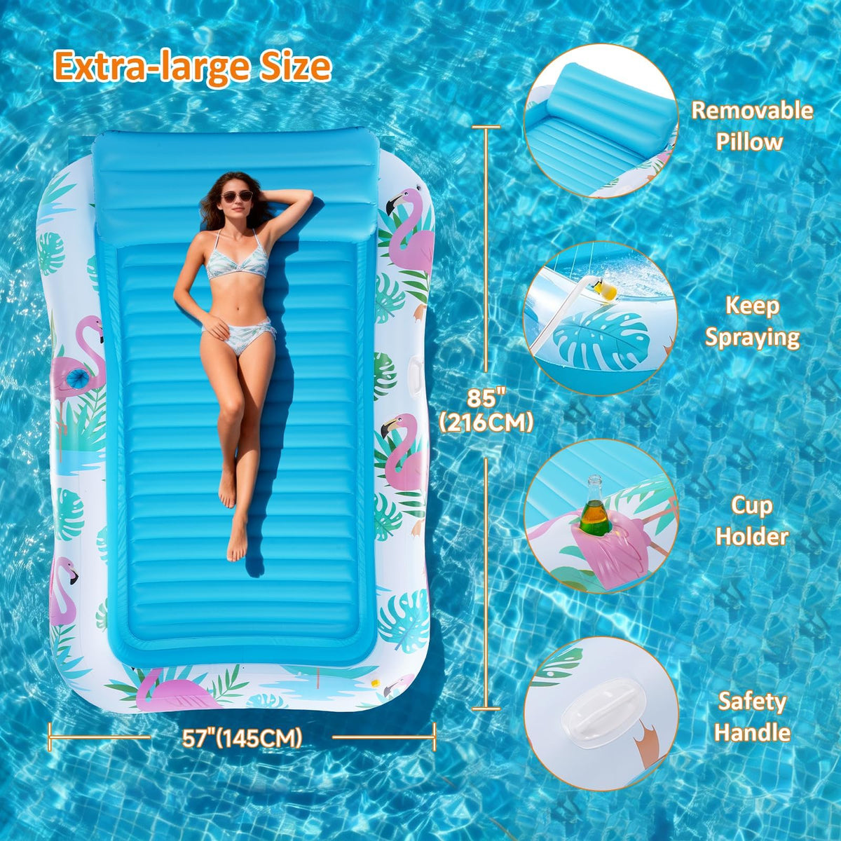 Happy Aplenty 85x57 inch backyard pool float offers ample space for two adults.