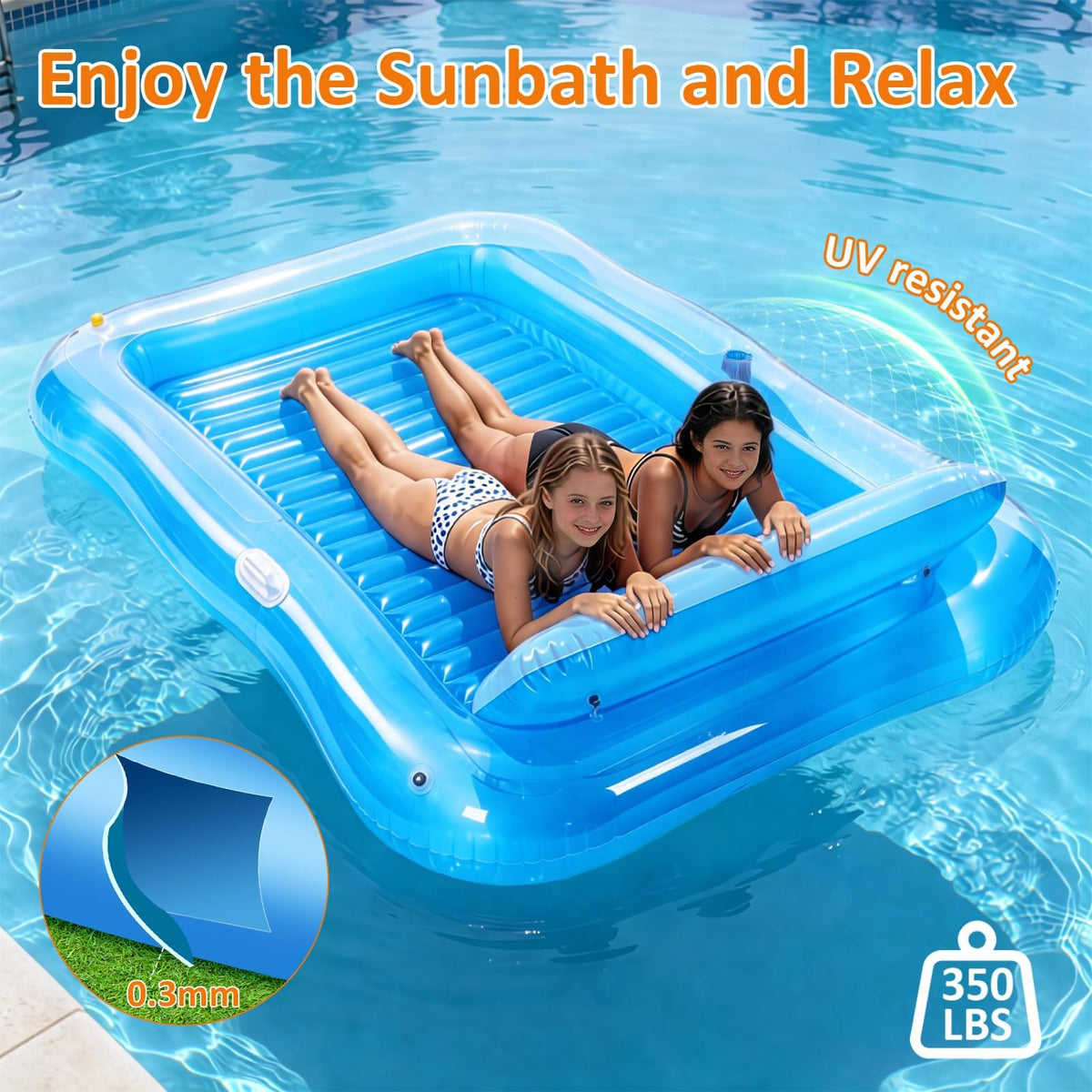 Happy Aplenty durable PVC construction supports comfortable two-person lounging.