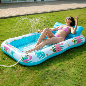 Happy Aplenty inflatable tanning pool lounger in sprinkler mode for cooling comfort