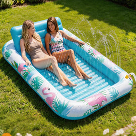 Happy Aplenty inflatable tanning pool lounger with sprinkler cools you while sunbathing outdoors.