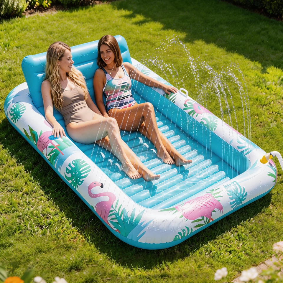 Happy Aplenty inflatable tanning pool lounger with sprinkler cools you while sunbathing outdoors.