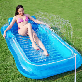 Happy Aplenty inflatable tanning pool sprinkler provides cooling on sunny days.